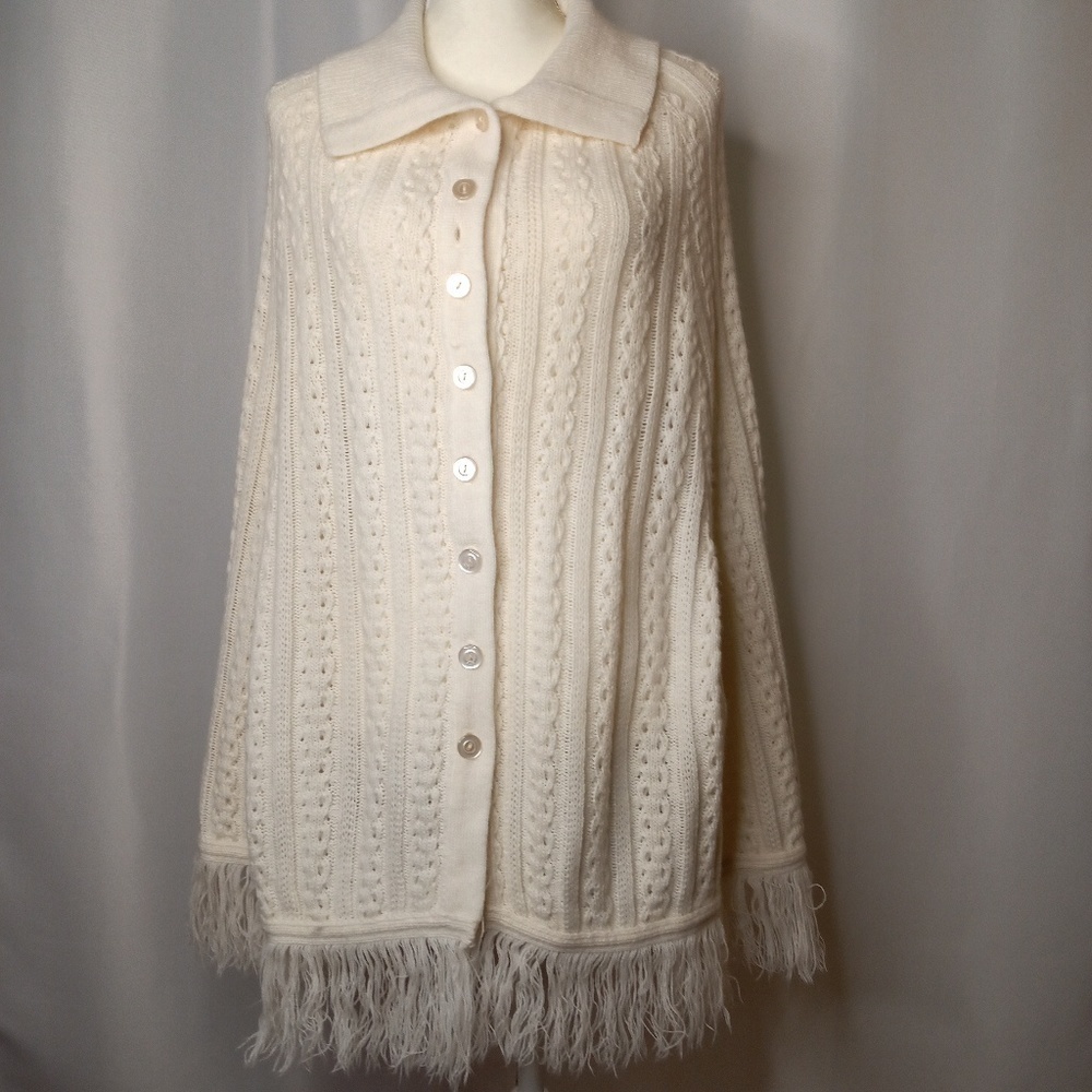 Cream Button-Up Knit Poncho Sz 42-46